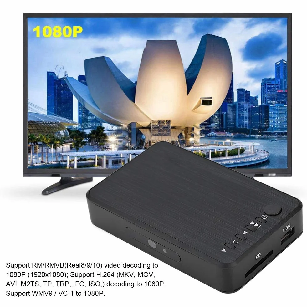 Garsent Lecteur Multimédia, 1080P HD HDMI Audio et Vidéo Lecteur Multimédia Support USB, Carte SD, Disque Dur avec Télécommande IR, 110V-240V.(EU)
