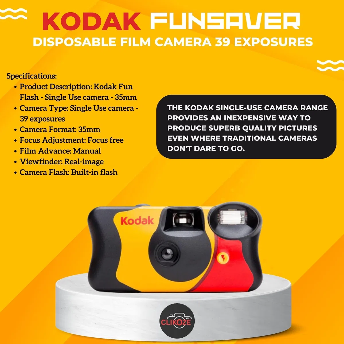 Lot de 2 appareils photo jetables Kodak Funsaver 35 mm à usage unique avec 39 poses et carte de conseils pour photographie Clikoze