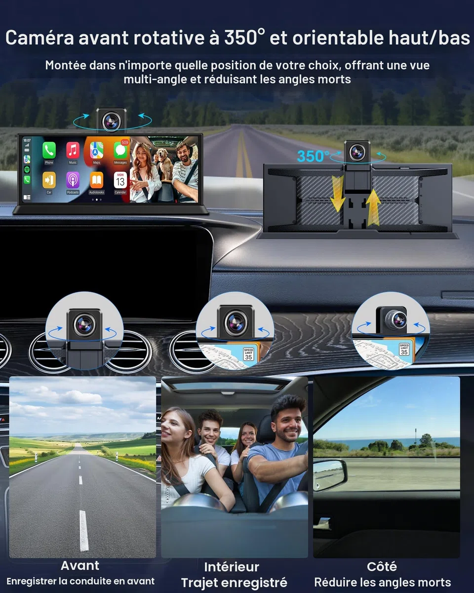11,26 Pouces Ecran Carplay Voiture, 4K Ecran Voiture avec Caméra Frontale 350° Carplay Android Auto Car Play Voiture pour Siri G-oogle Navigation GPS