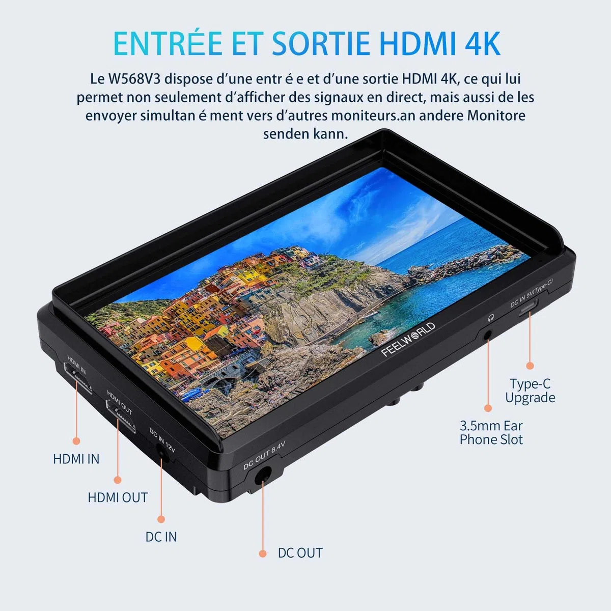 FEELWORLD FW568 V3 Moniteur de Champ pour Appareil Photo Reflex numérique 6" avec LUT de Forme d'onde Assistance de Mise au Point vidéo 1920 x 1080 IPS avec entrée 4K HDMI 8,4 V CC Batterie Incluse