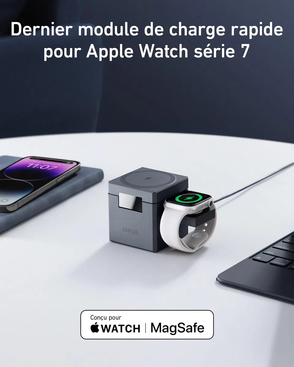 Anker Cube de Charge 3 en 1 avec Chargeur MagSafe, Puissance de Charge maximale sans Fil 15 W, Compatible avec Les séries iPhone 17 16 15 14, Apple Watch série 1-7/SE, et AirPods Pro (y Compris 30 W