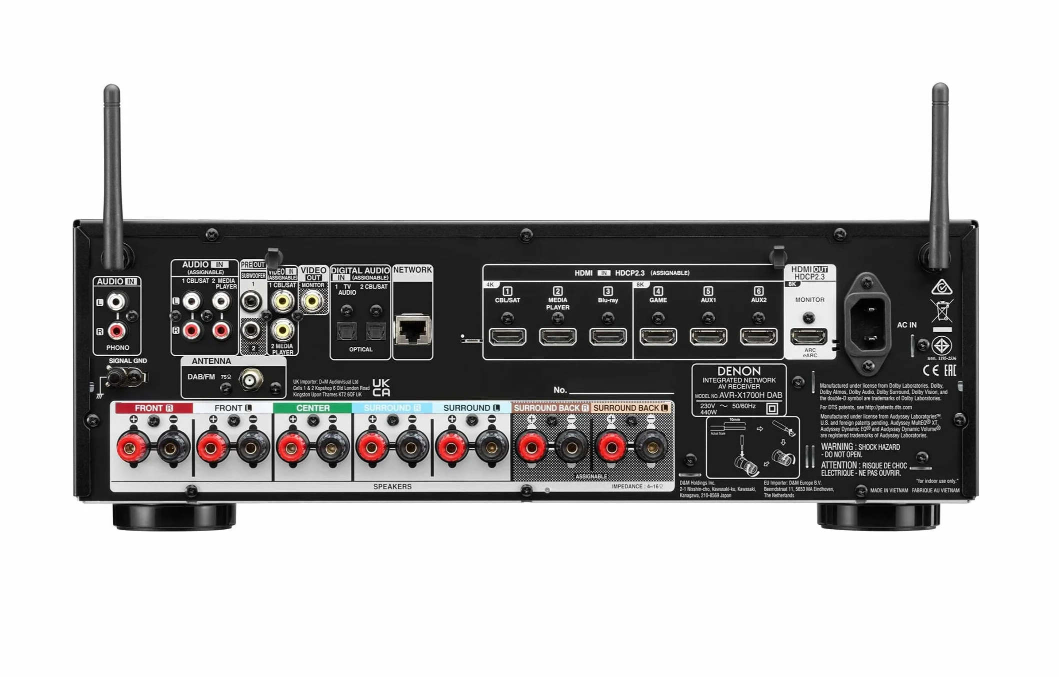 Denon AVR-X1700H Dab Amplificateur AV Home Cinéma 7.2 Canaux, 145W, Radio Dab+/FM, HDMI 8K, HEOS Multiroom, AirPlay 2, Dolby Atmos, DTS:X, Bluetooth - Noir