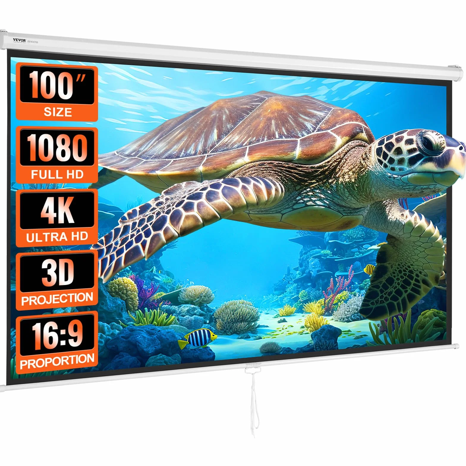 VEVOR Écran de Projection Enroulable Manuel 100 Pouces 16:9 HD 4K Toile de Vidéoprojecteur Anti-Plis Grand Angle de Vision Montage Mural Image Détaillée pour Cinéma Domicile Maison Soirée Intérieur