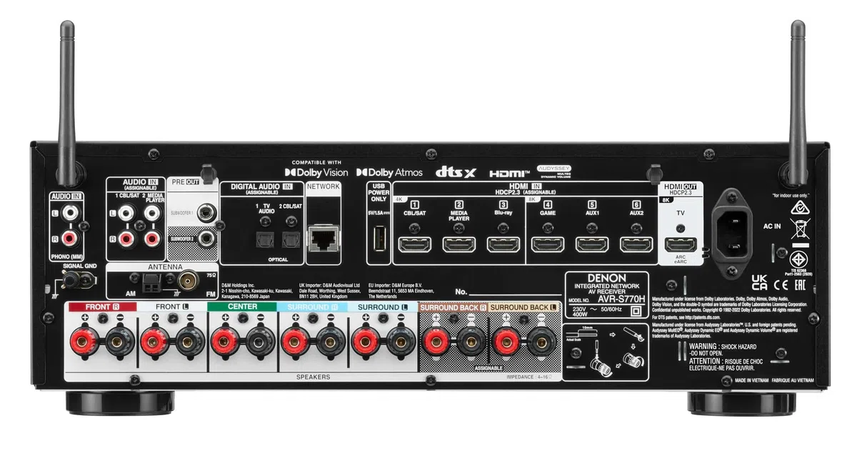 Denon AVR-S770H Récepteur AV 7.2 canaux avec Dolby Atmos, DTS:X, 6 entrées HDMI et 1 Sortie, HDMI 8K, Bluetooth, Wi-FI, AirPlay 2, HEOS Multiroom, Compatible Alexa