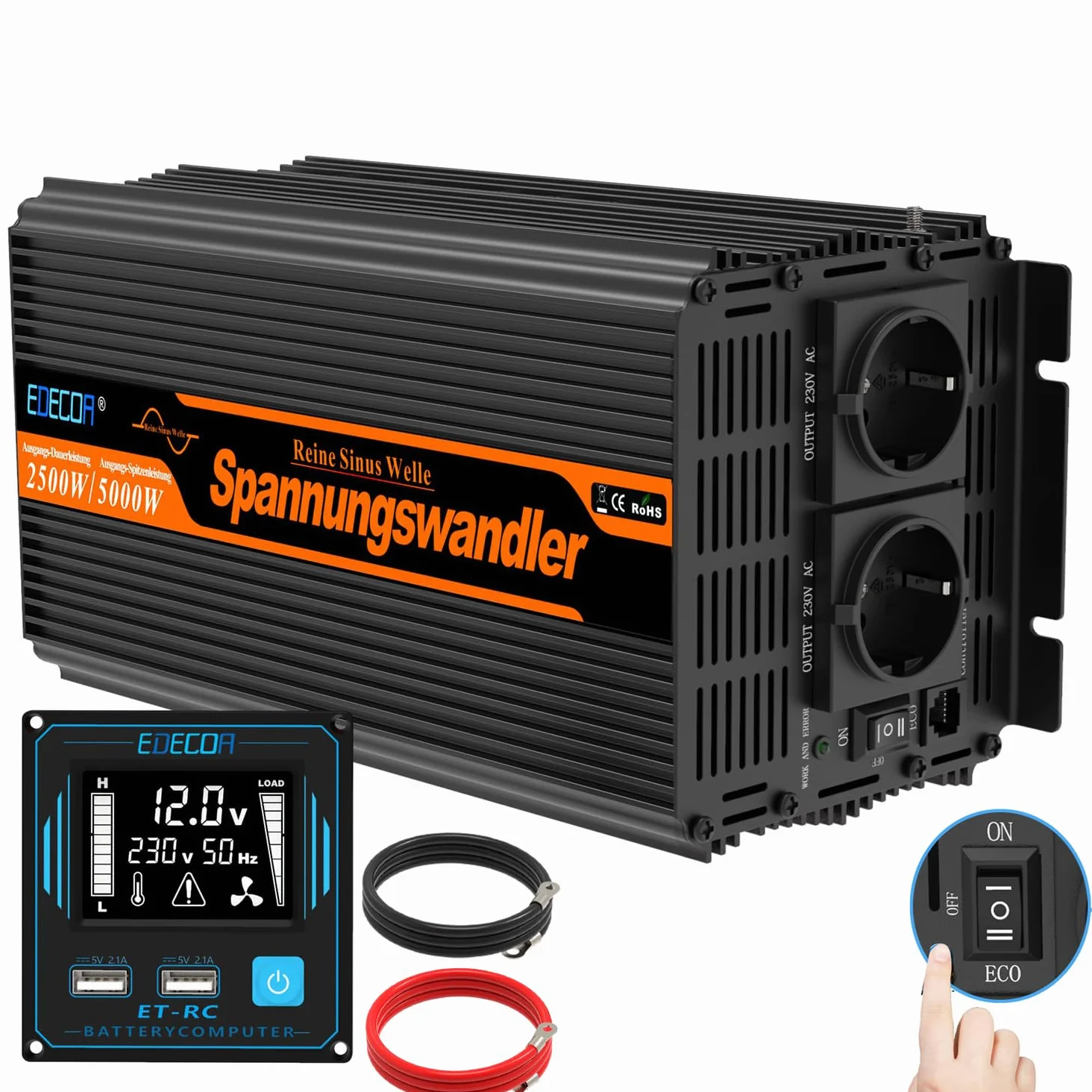 EDECOA Convertisseur Pur Sinus 12v 220v convertisseur 2500w Pur Sinus avec télécommande Convertisseur 12v 220v (2500w Nouvelle télécommande)