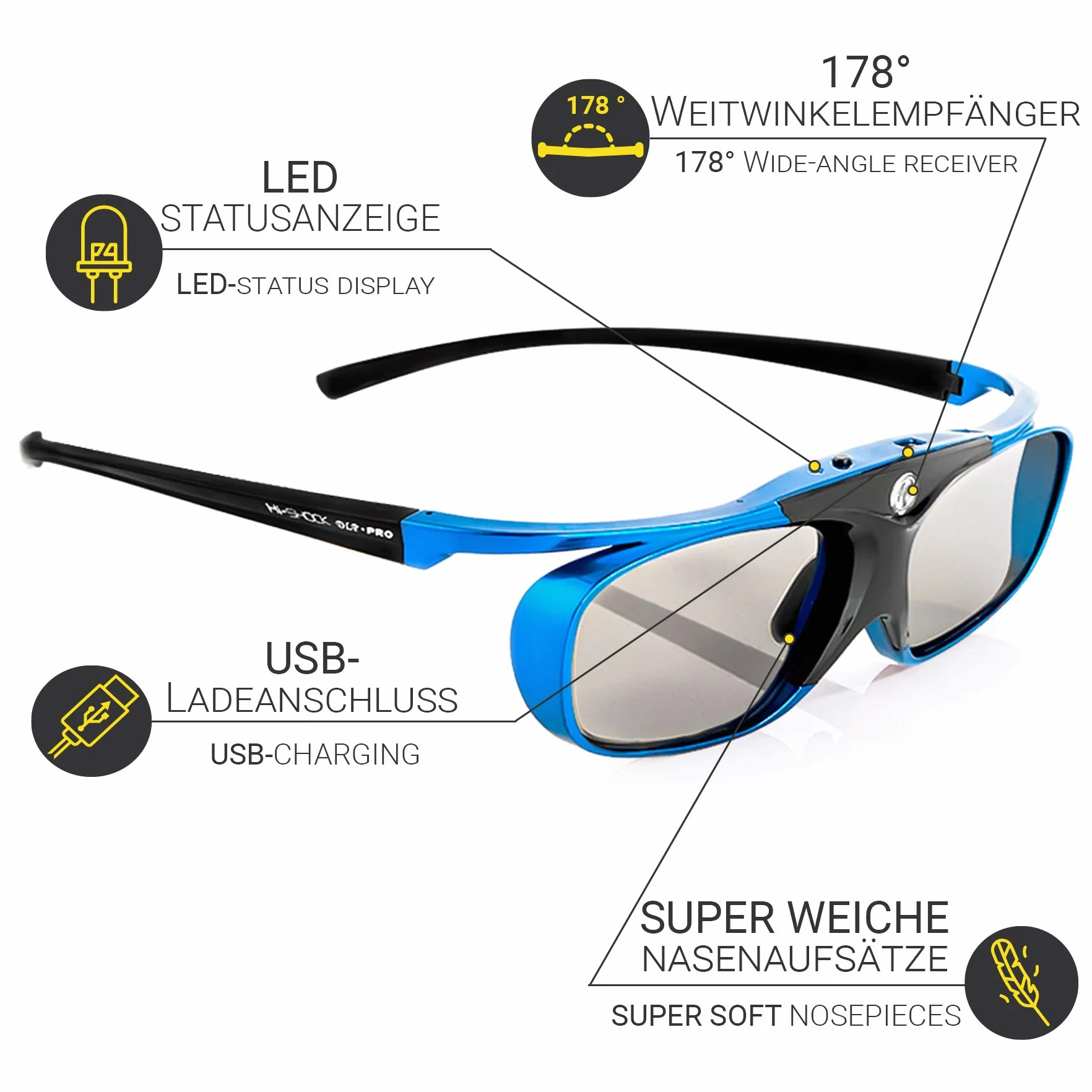 2X Hi-Shock DLP Pro Blue Heaven | Lunettes Actives DLP Link 3D - Compatibles avec Les projecteurs 3D DLP d'Acer, BenQ, Optoma, Viewsonic | Remplacement du PPA5610 / E4W [96-200 Hz | Rechargeable]