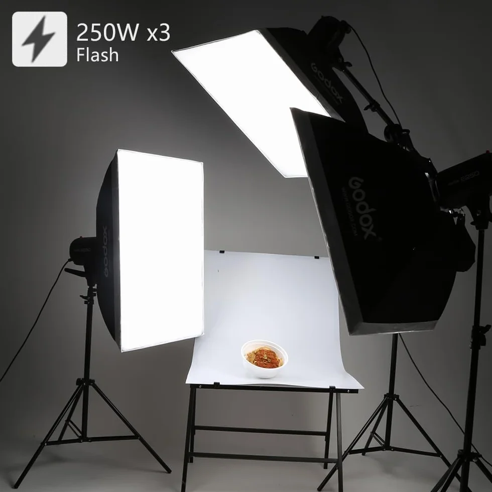 Godox Kit de Flash stroboscopique de Studio Professionnel pour la Photographie, 3 Pack 250W stroboscopique avec déclencheur stroboscopique, Boîte à lumière, Supports de lumière, Bras de Suspension