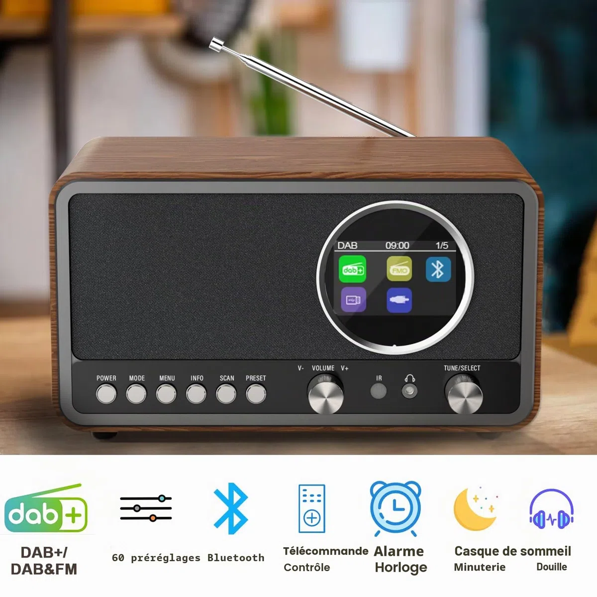 Monodeal radio portable (DAB+, FM, réveil, haut-parleur HiFi 5 W, prise casque, écran TFT, commande des touches), radio-réveil avec 60 préréglages