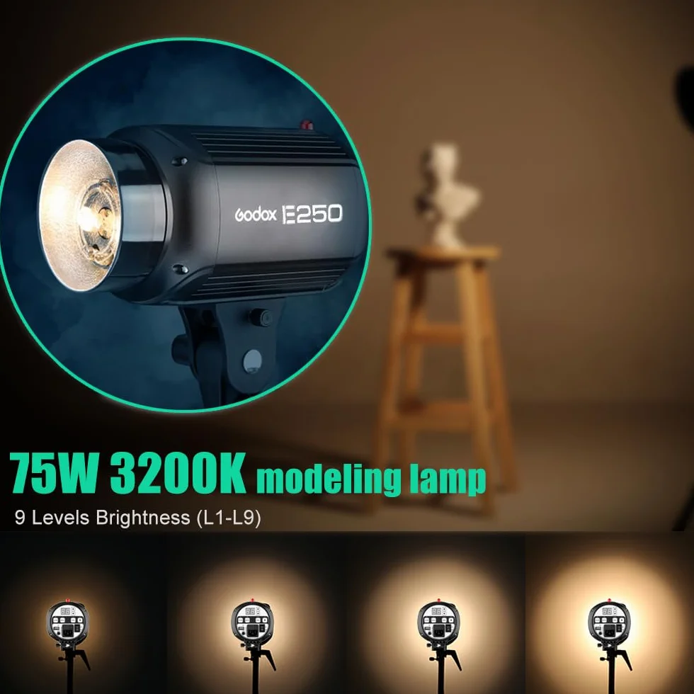 Godox Kit de Flash stroboscopique de Studio Professionnel pour la Photographie, 3 Pack 250W stroboscopique avec déclencheur stroboscopique, Boîte à lumière, Supports de lumière, Bras de Suspension