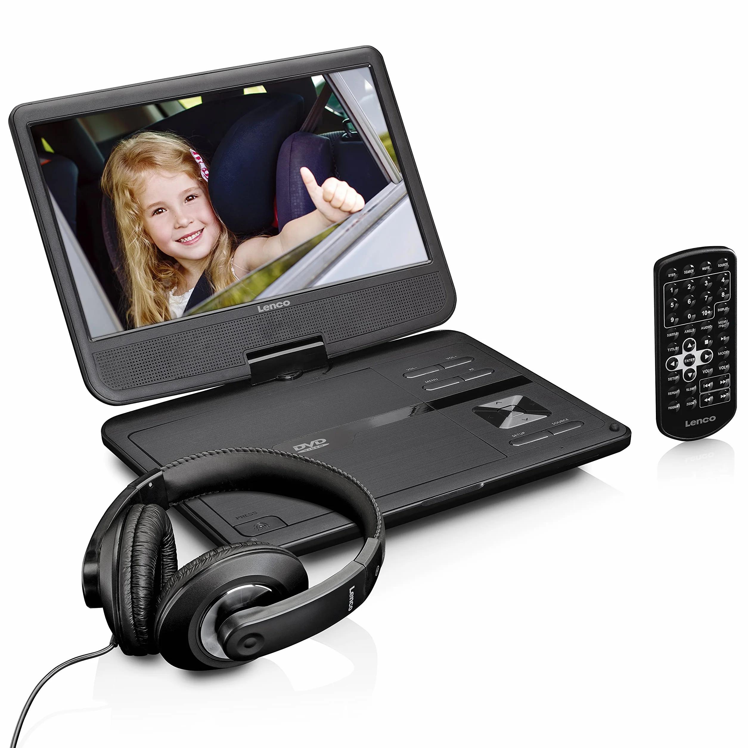 Lenco DVP-1010BK - Lecteur de DVD portable 10 pouces avec casque et fixation à l'appui-tête - batterie intégrée - entrée USB - lecteur de carte SD - noir
