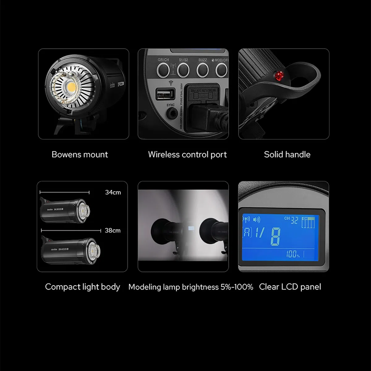 Godox SK400II-V Flash de Studio 400w Studio Flash, 5600 ± 200 K 2.4G Système X sans Fil avec Lampe de modélisation LED, Bowens Mount pour Portrait Photographie Commerciale