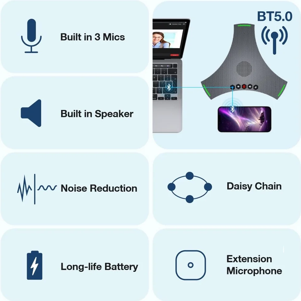 Octopus Ultra, Haut-Parleur et Microhpone de Conférence avec Microphone d'Extension, Réduction du Bruit et de l'écho, Connexion Bluetooth, USB et Connection en Daisy