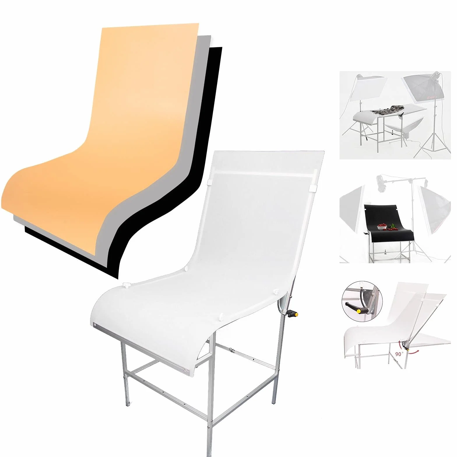60x130cm Photographie Table de Prise de Vue Amovible Shooting Table Portable Cadre en Aluminium Table Shooting Non Réfléchissant avec 3 PVC Fond pour Studio Tentes de Shooting