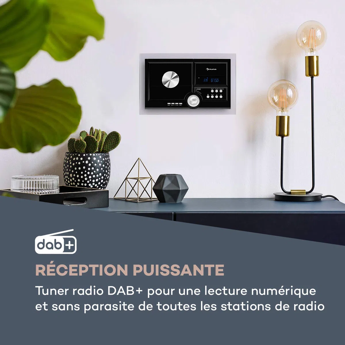 AUNA Stereo Sonic Dab+ - Système stéréo, Montage Mural, Syntoniseur Radio Dab+/UKW, Lecteur CD Automatique, Port USB pour fichiers MP3, Fonction Bluetooth, Entrée AUX, Ecran LCD - Noir