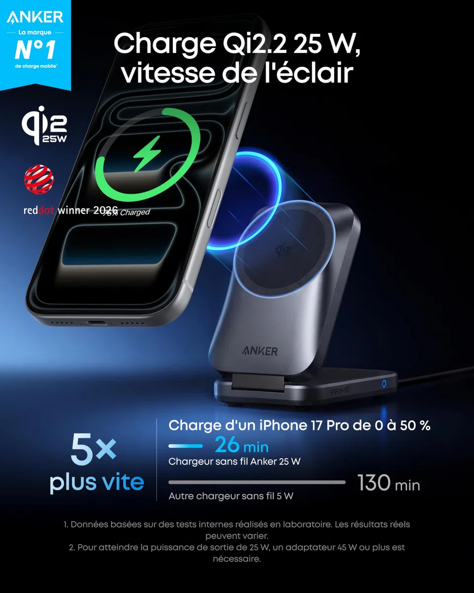 Anker Prime Chargeur MagSafe 3 en 1 Rapide 25W, Station de Charge sans Fil Certifié Qi2.2, Pliable pour iPhone 17/16/15, Apple Watch, AirPods (sans Batterie, Adaptateur Inclus) | Compatible avec MagSafe, chargeur pliable, certifié Qi2.2 de 25 W, pour iPho