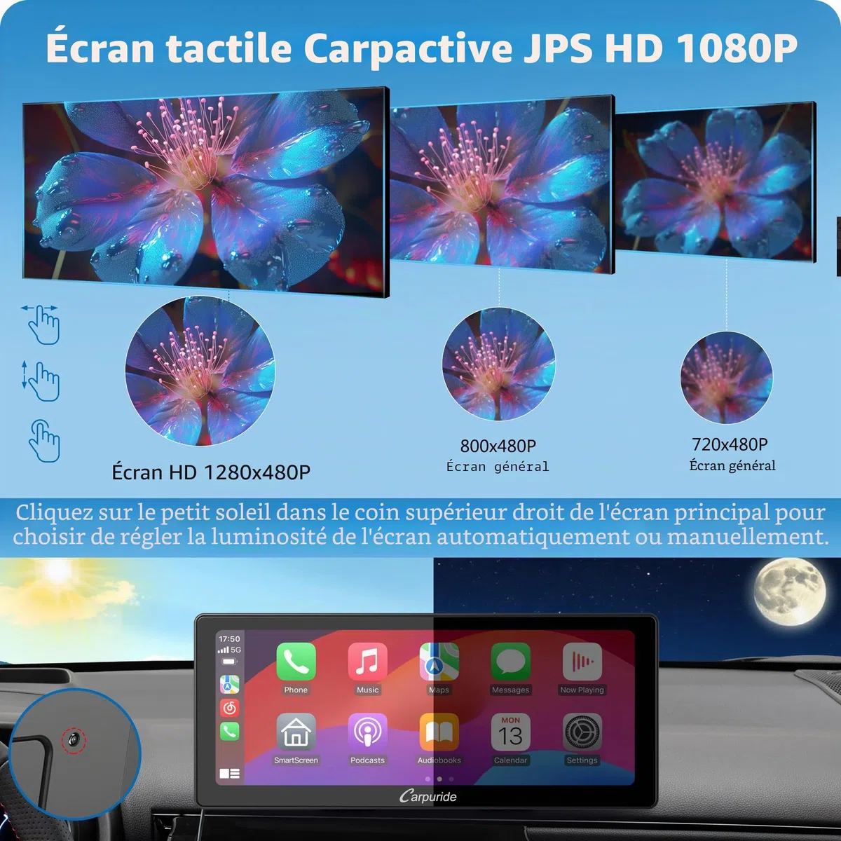 Carpuride W103 Pro avec Transmission Bluetooth sans Fil, Autoradio Portable CarPlay et Android Auto, écran Tactile 10,3 Pouces 1080P, Mirror Link/GPS/Siri/FM, avec 3 Supports