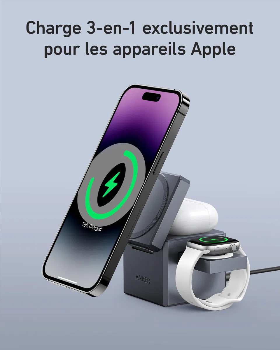 Anker Cube de Charge 3 en 1 avec Chargeur MagSafe, Puissance de Charge maximale sans Fil 15 W, Compatible avec Les séries iPhone 17 16 15 14, Apple Watch série 1-7/SE, et AirPods Pro (y Compris 30 W