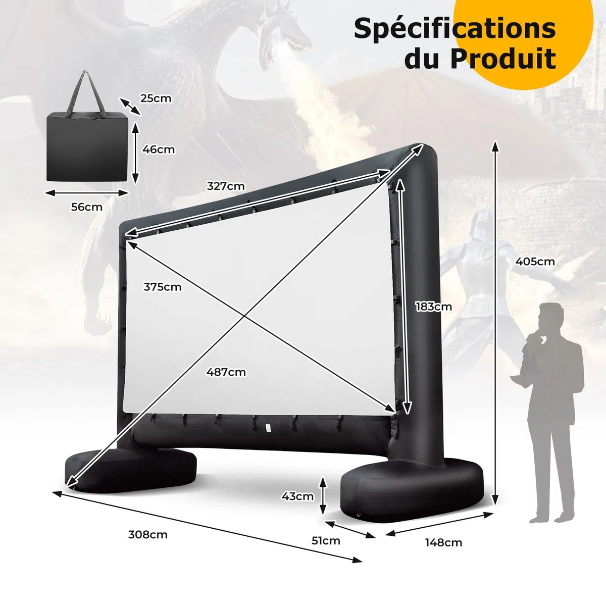 GYMAX Écran de Projection Gonflable 327 x 187 cm, Léger et Portable avec Sac de Rangement, Installation Facile avec Souffleur & Piquets de Sol, pour Cinéma en Extérieur