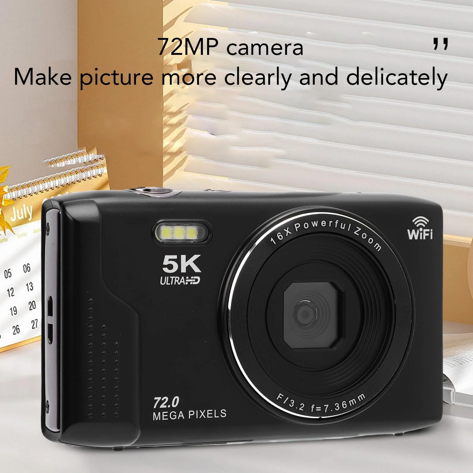 BuyWeek Appareil Photo Numérique 5K 72MP avec WiFi, Zoom Numérique 16X Autofocus Caméra Vlogging avec Écran Ultra HD de 2,8 Pouces, Flash et Microphone Intégrés, avec Carte Mémoire 64 Go (Noir)