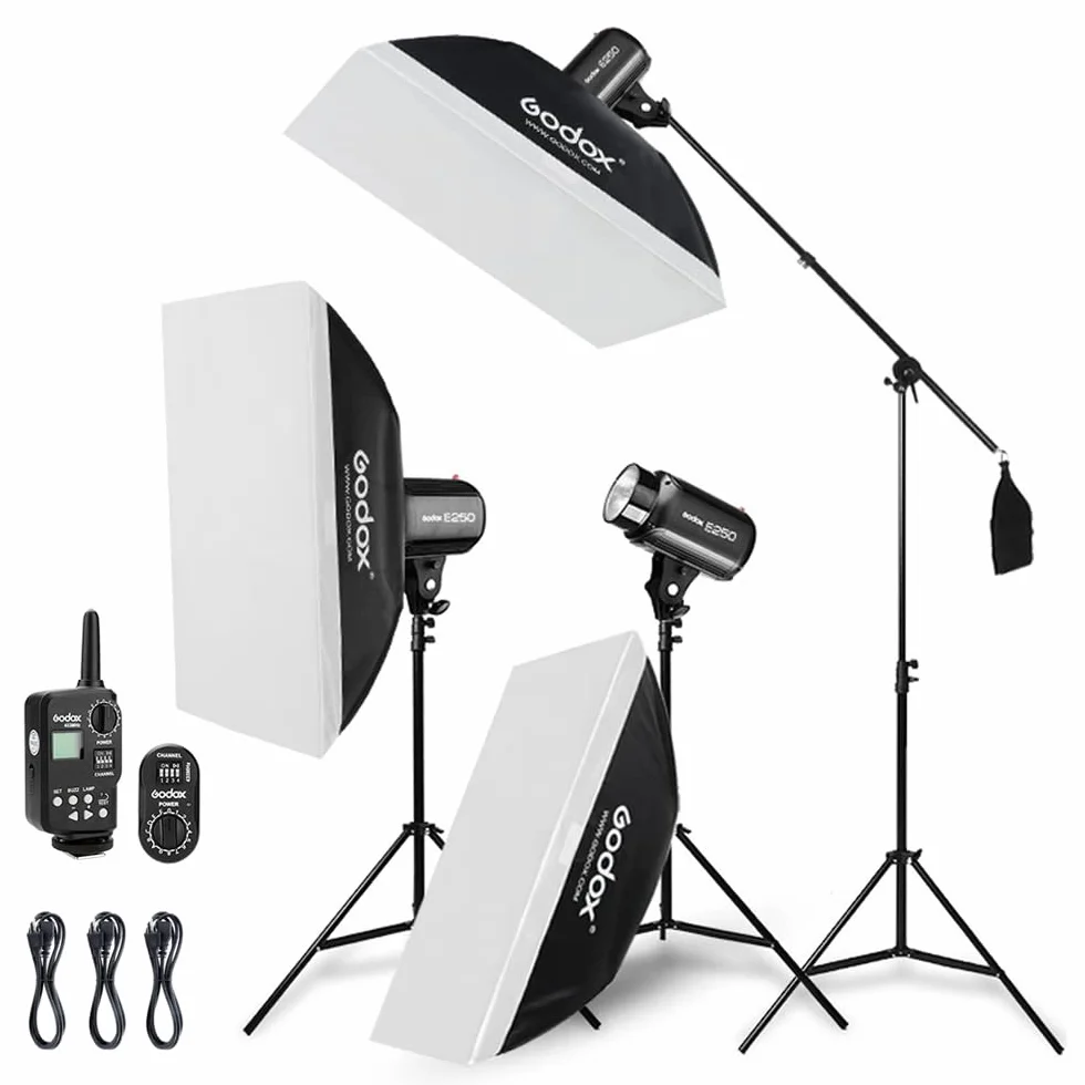 Godox Kit de Flash stroboscopique de Studio Professionnel pour la Photographie, 3 Pack 250W stroboscopique avec déclencheur stroboscopique, Boîte à lumière, Supports de lumière, Bras de Suspension
