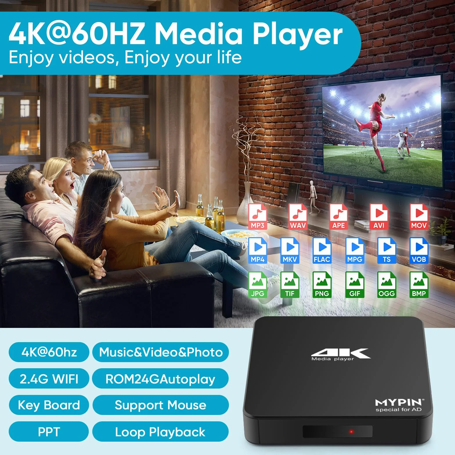 Lecteur Multimédia 4K, MYPIN HD Media Player TV HDMI Soutien 8TB HDD/Clé USB 256G /Carte SD et Sortie HDMI/AV pour HDTV/PPT MKV AVI MP4 H.265