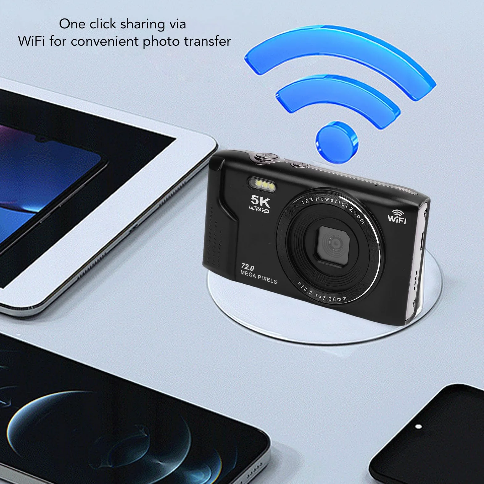 BuyWeek Appareil Photo Numérique 5K 72MP avec WiFi, Zoom Numérique 16X Autofocus Caméra Vlogging avec Écran Ultra HD de 2,8 Pouces, Flash et Microphone Intégrés, avec Carte Mémoire 64 Go (Noir)