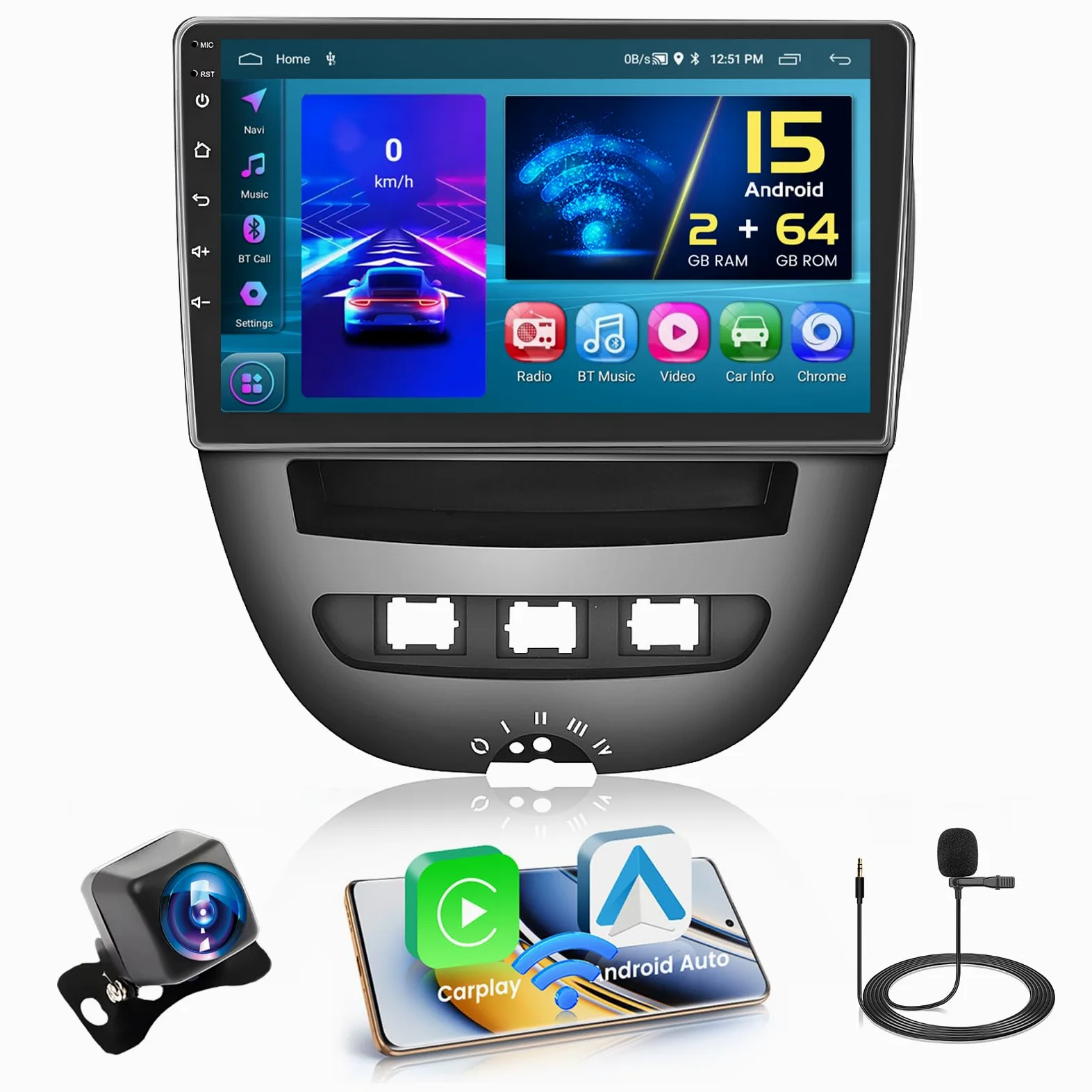 Hikity 2GB+64GB Android 15 Autoradio pour Toyota Aygo/Peugeot 107/ Citroen C1 2005-2014 sans Fil CarPlay Android Auto 10.1" écran Bluetooth Auto Radio, EQ FM/RDS, Navi GPS, Caméra de Recul WiFi SWC