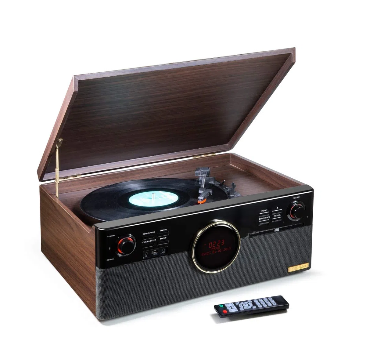 Technaxx Allemagne Dab Bluetooth V5.0 Tourne-Disque Numérisation de disques Vinyle Cassettes CD Fonction Radio AUX RCA Haut-parleurs stéréo TX-137 Marron