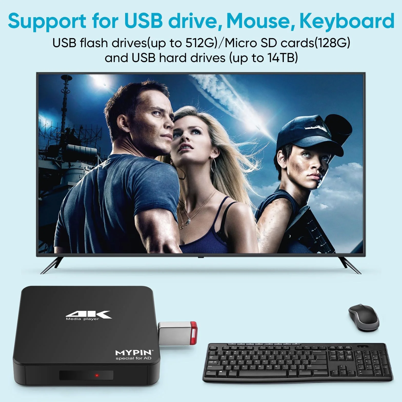 Lecteur Multimédia 4K, MYPIN HD Media Player TV HDMI Soutien 8TB HDD/Clé USB 256G /Carte SD et Sortie HDMI/AV pour HDTV/PPT MKV AVI MP4 H.265