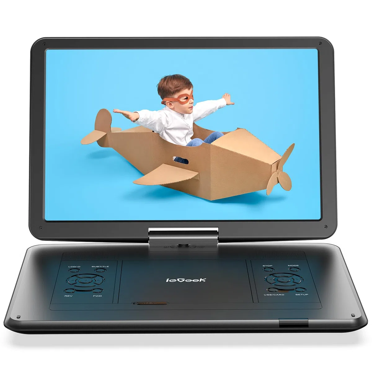 ieGeek Lecteur DVD portable de 17,5" avec grand écran HD pivotant de 15,6", batterie rechargeable de 6 heures 5000 mAh, haut-parleur haut volume, prise en charge USB/carte SD/synchronisation TV,