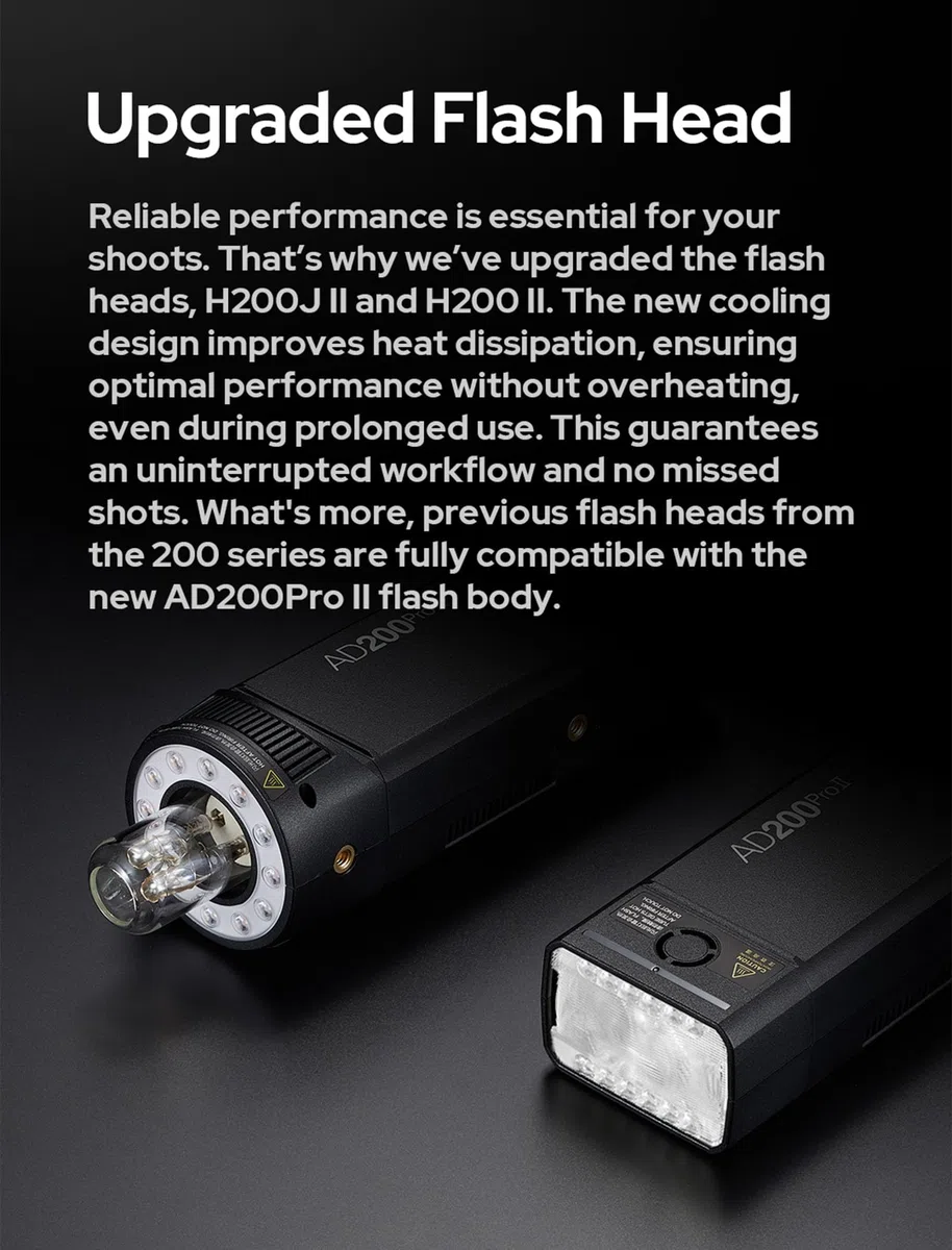 Godox AD200Pro II, One-Tap Sync X3, Têtes Flash Optimisées, LED Modélisation BiColor, Indicateur Groupe Couleur, Puissance 1/512 à 1/1