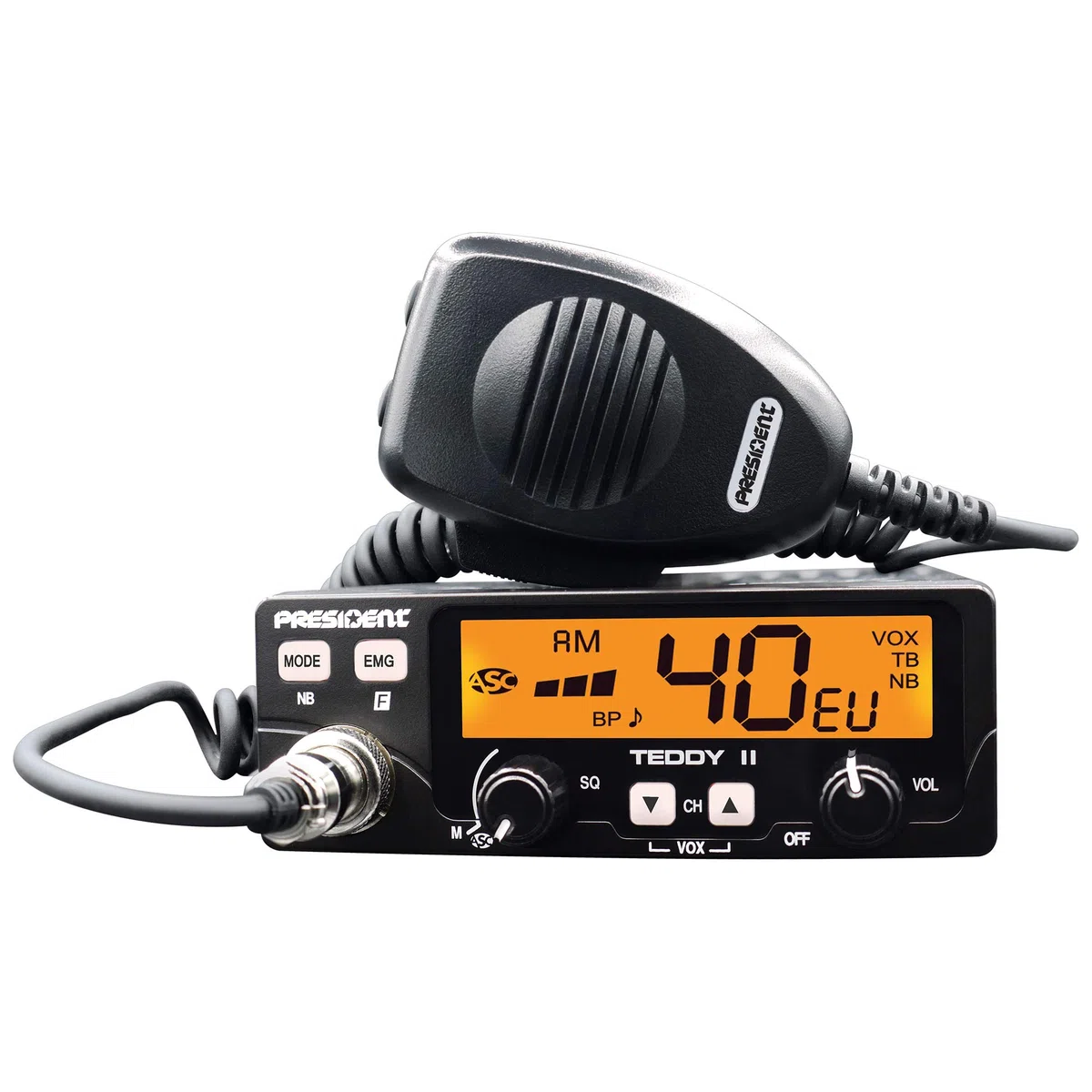 PNI CB President Teddy II ASC AM/FM, VOX, NB, ANL Kit Radio 12 V + antenne CB PNI ML70, Longueur 70 cm, 26-30 MHz, 200 W