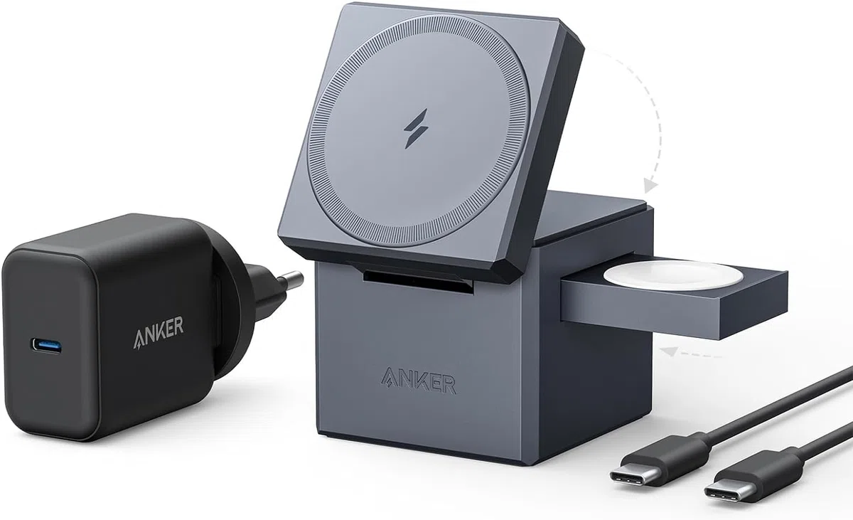 Anker Cube de Charge 3 en 1 avec Chargeur MagSafe, Puissance de Charge maximale sans Fil 15 W, Compatible avec Les séries iPhone 17 16 15 14, Apple Watch série 1-7/SE, et AirPods Pro (y Compris 30 W