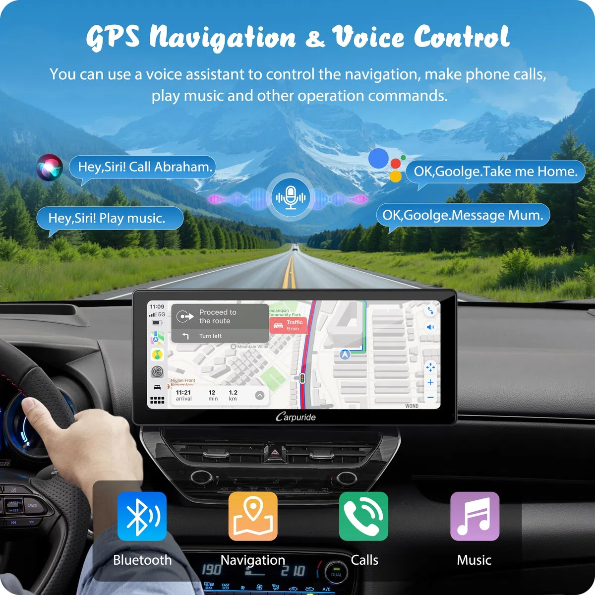 Carpuride W103 Pro avec Transmission Bluetooth sans Fil, Autoradio Portable CarPlay et Android Auto, écran Tactile 10,3 Pouces 1080P, Mirror Link/GPS/Siri/FM, avec 3 Supports