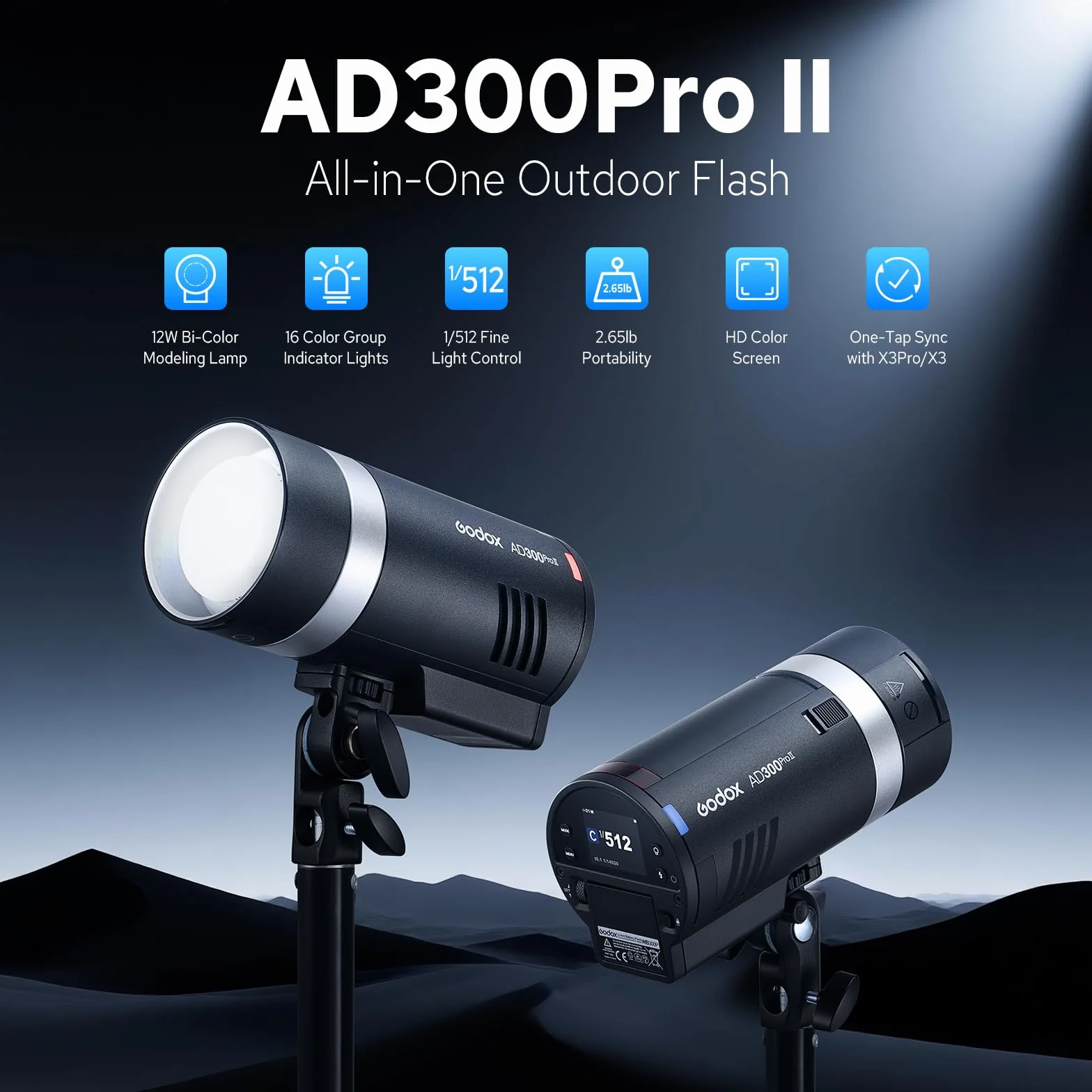 GODOX AD300 Pro II AD300Pro II Strobe Flash Extérieur, 300Ws TTL Flash de Studio HSS 1/8000s, 350 Éclairs à Pleine Puissance, Temps de Recyclage 0.01-1.5s, Lampe LED 12W, 16 Groupes de Couleurs