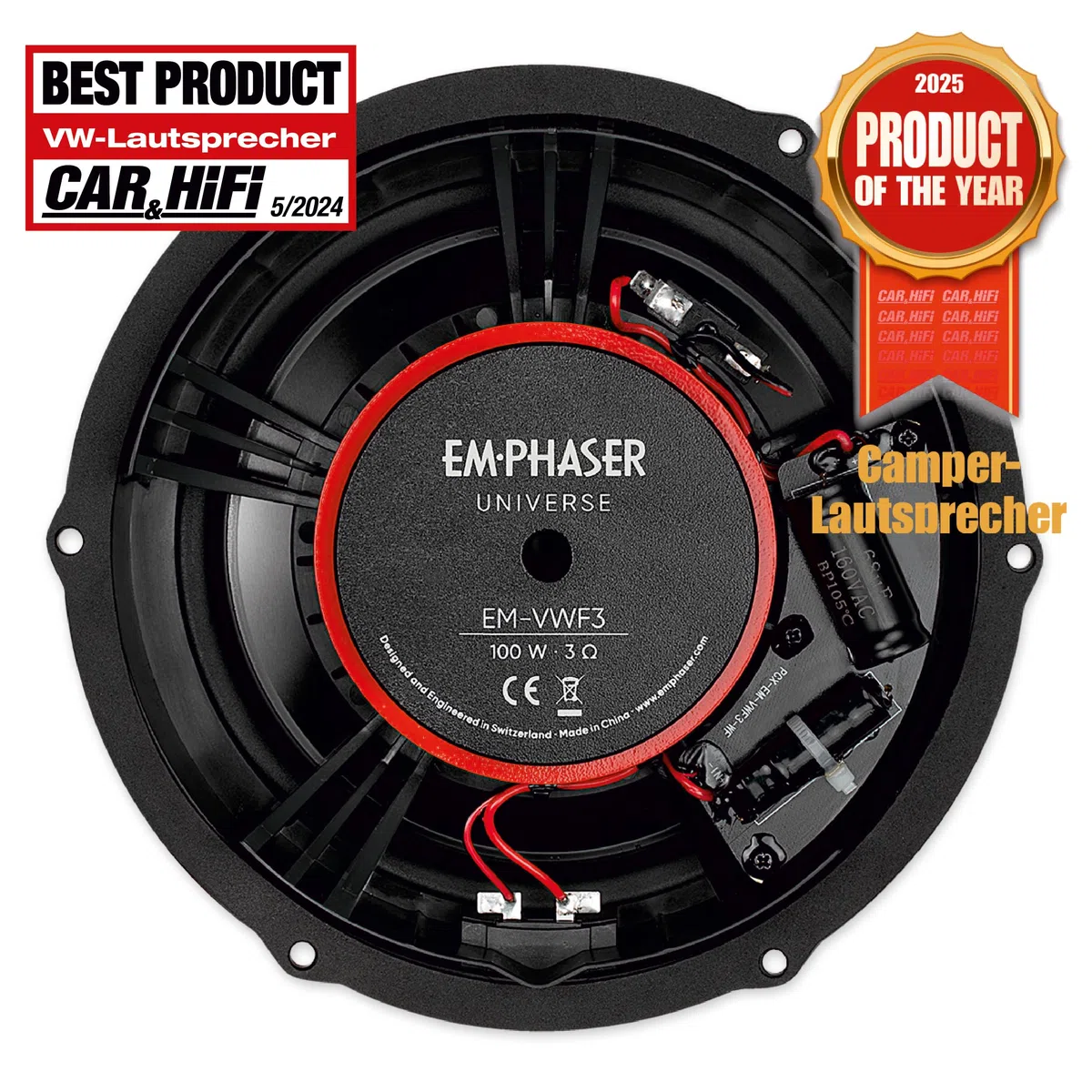EMPHASER EM-VWF3 Système de composants Plug & Play 3 voies 20 cm Compatible avec VW T5, camping-cars, haut-parleurs encastrables pour portes et tableau de bord, 100 W RMS