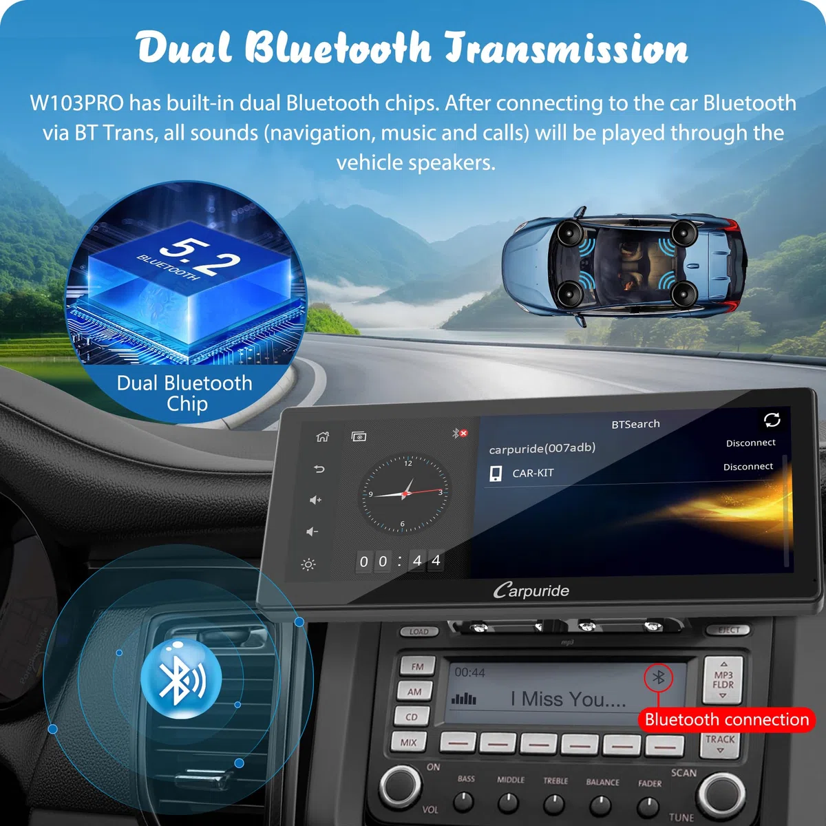 Carpuride W103 Pro avec Transmission Bluetooth sans Fil, Autoradio Portable CarPlay et Android Auto, écran Tactile 10,3 Pouces 1080P, Mirror Link/GPS/Siri/FM, avec 3 Supports