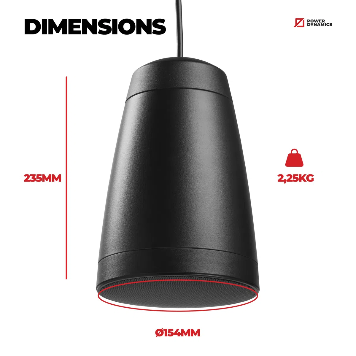 Power Dynamics Purity4B, Haut Parleur Suspendu Noir 20W 100V, 2 Voies Enceinte Plafond Pendulaire pour Sonorisation de Commerces Restaurants Bars et Espaces publics