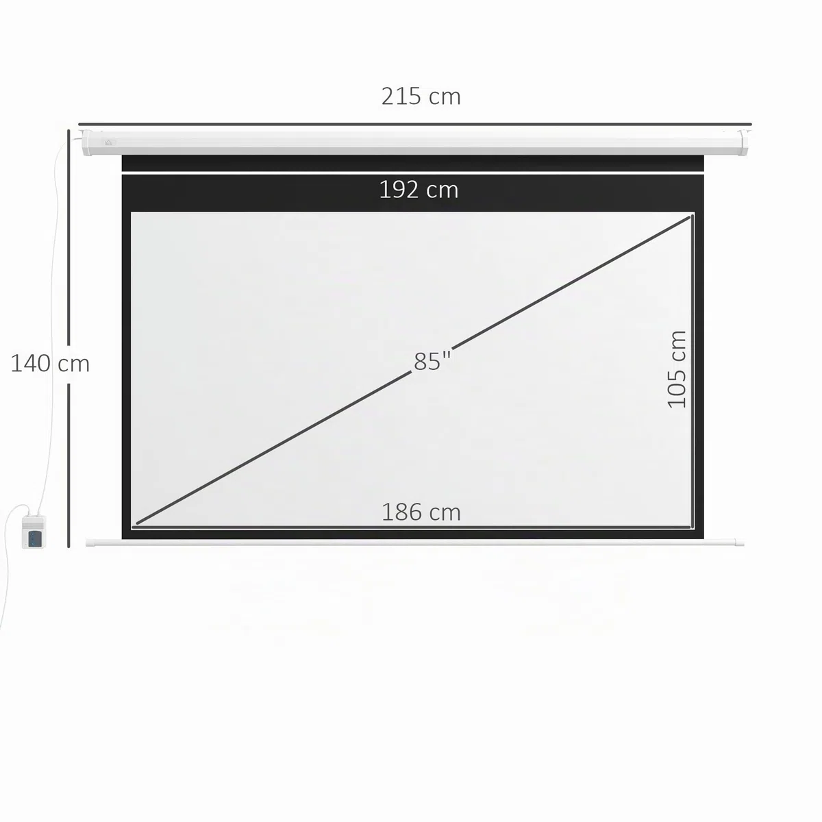 HOMCOM Écran pour projecteur 84" 16:9, Toile projecteur motorisée avec télécommande, Montage Mural et Plafond, 215 x 8 x 140 cm, Blanc