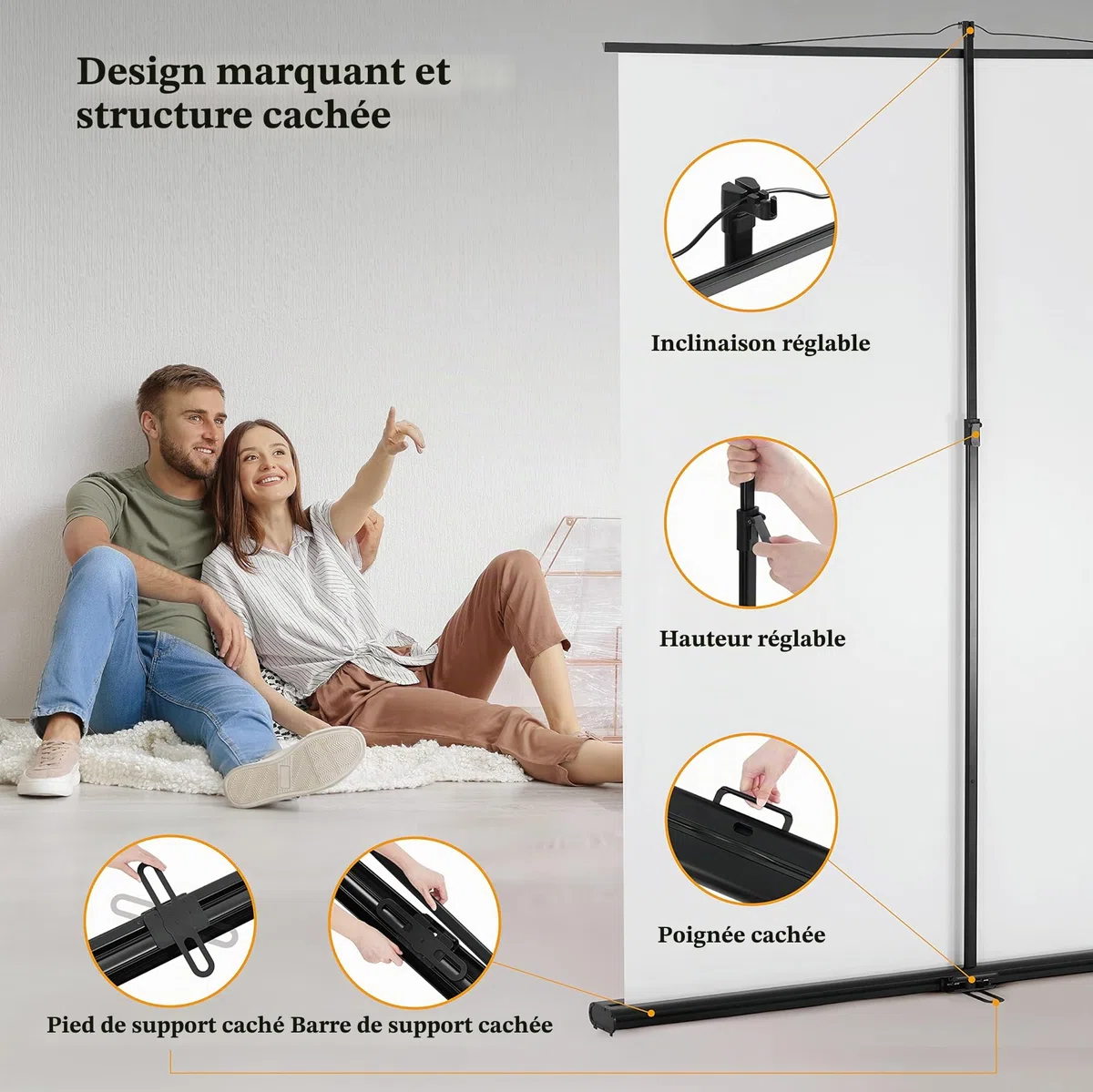 Projecteur sur toile avec support, toile de projection portable, écran projecteur 60 pouces 16:9, projection à distance ultra courte, design compact, idéal pour home cinéma, film intérieur et