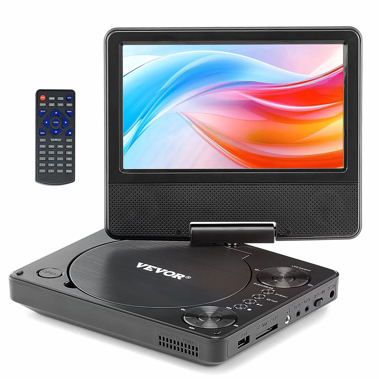VEVOR Lecteur DVD Portable, écran HD pivotant de 178 mm, avec Chargeur de Voiture, Batterie Rechargeable intégrée de 4 Heures, Deux Haut-parleurs, synchronisation TV/USB/Carte SD/CD/DVD, pour Voiture