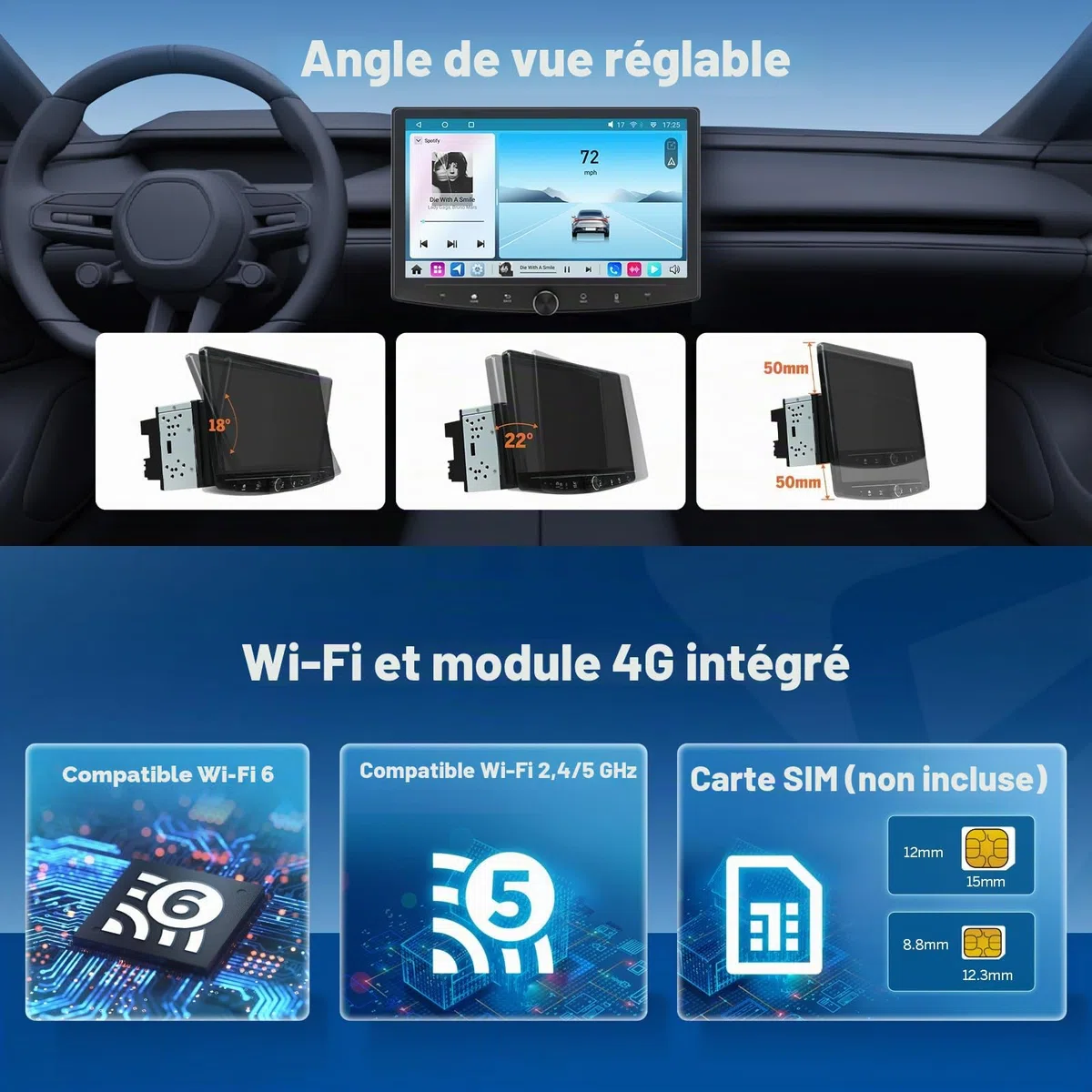 Eonon 10,1" Android 14 Radio Stéréo Double Din GPS 4G LTE CarPlay Android Auto MirrorLink Bluetooth DSP USB SWC Support Caméra de Recul Autoradio UX7SK-PLUS