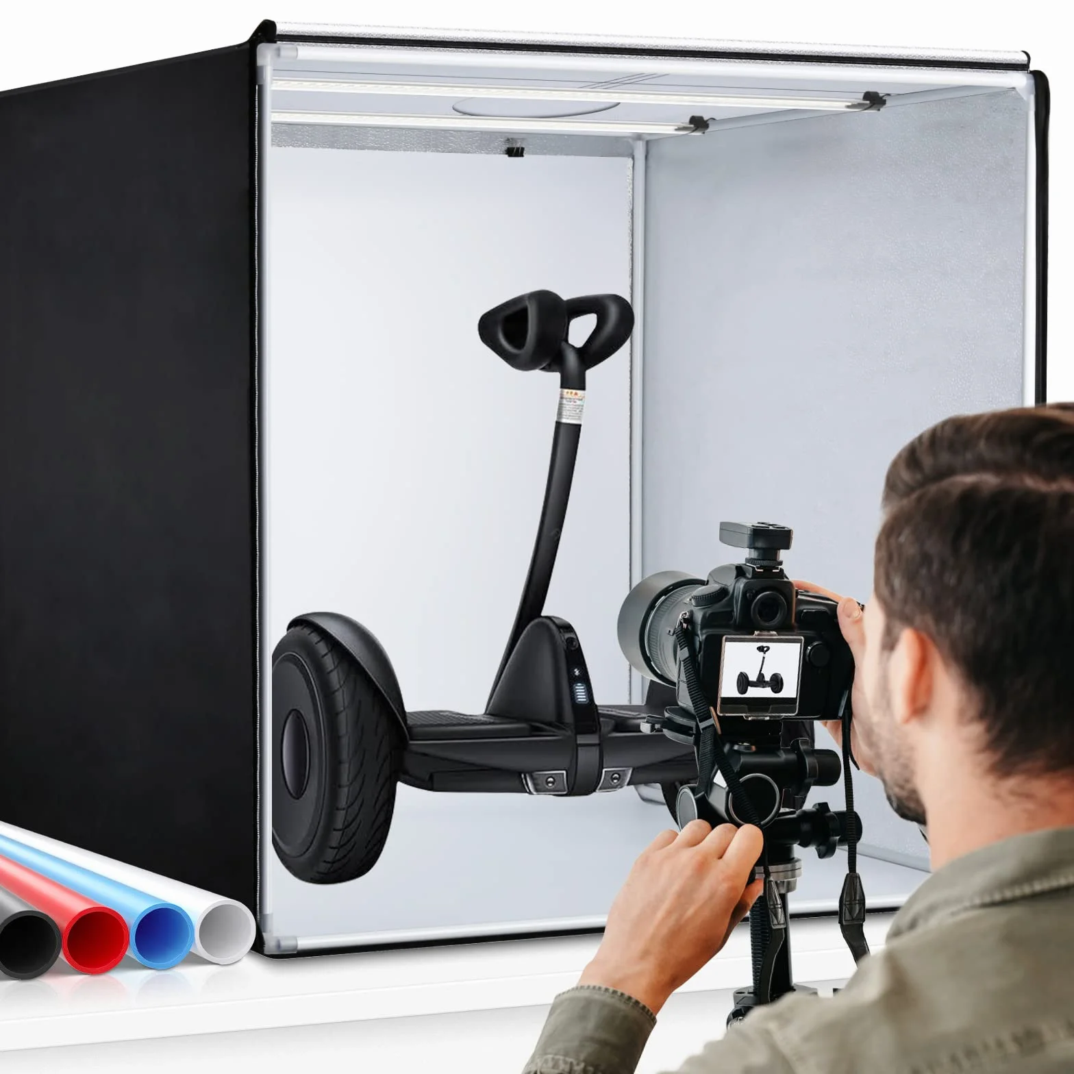 Boîte de Studio Photo, 80 x 80 x 80 cm, Portable, Pliable, pour Photographie, Tente de Prise de Vue avec variateur d'intensité élevé CRI95 + lumières LED et 5 Toiles de Fond pour de Produits