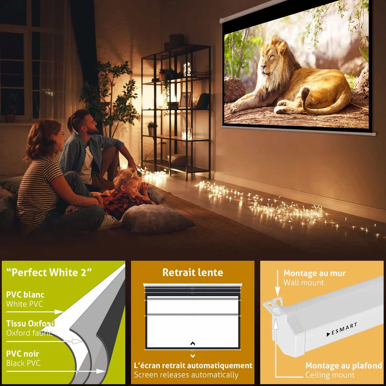 ESMART Professionnel MIROLO Écran de Projection Manuel 342 cm Image 323 x 202 cm (150") 16:10 | Écran de projecteur Home cinéma écran Rollo LCD LED