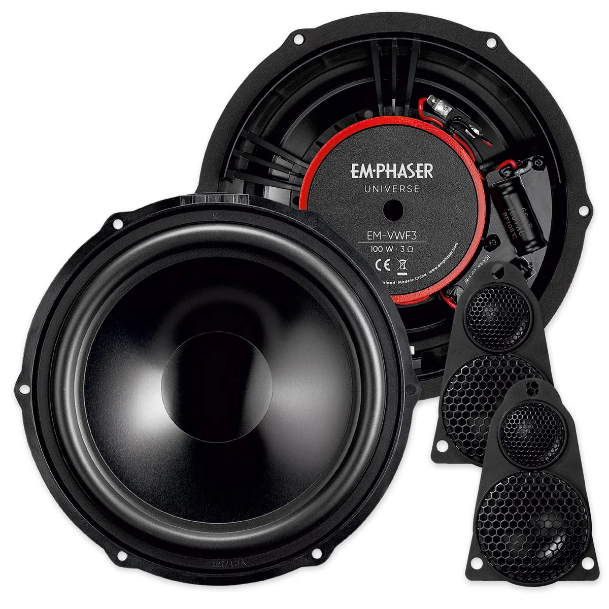 EMPHASER EM-VWF3 Système de composants Plug & Play 3 voies 20 cm Compatible avec VW T5, camping-cars, haut-parleurs encastrables pour portes et tableau de bord, 100 W RMS