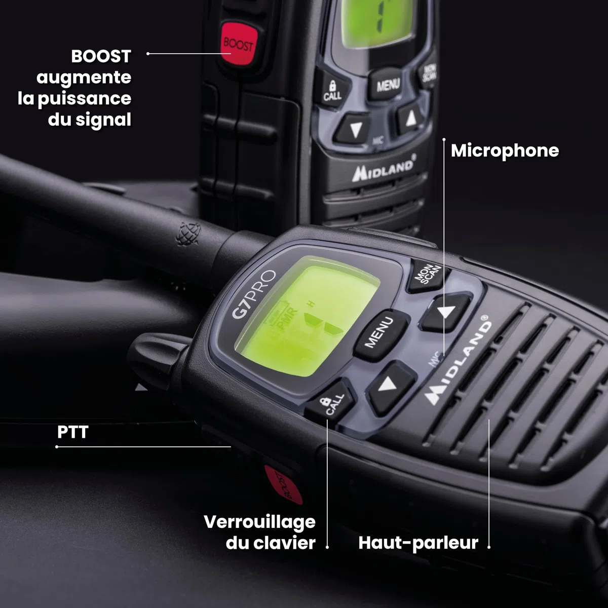 Midland - Talkie Walkie Longue Portée 10Km Professionnel G7 PRO, Couple Radio Récepteur Émetteur Airsoft Outdoor 85 Canaux, 16 PMR446/69 LPD non Licence, Autonomie 18H Piles Rechargeables, Accessoires