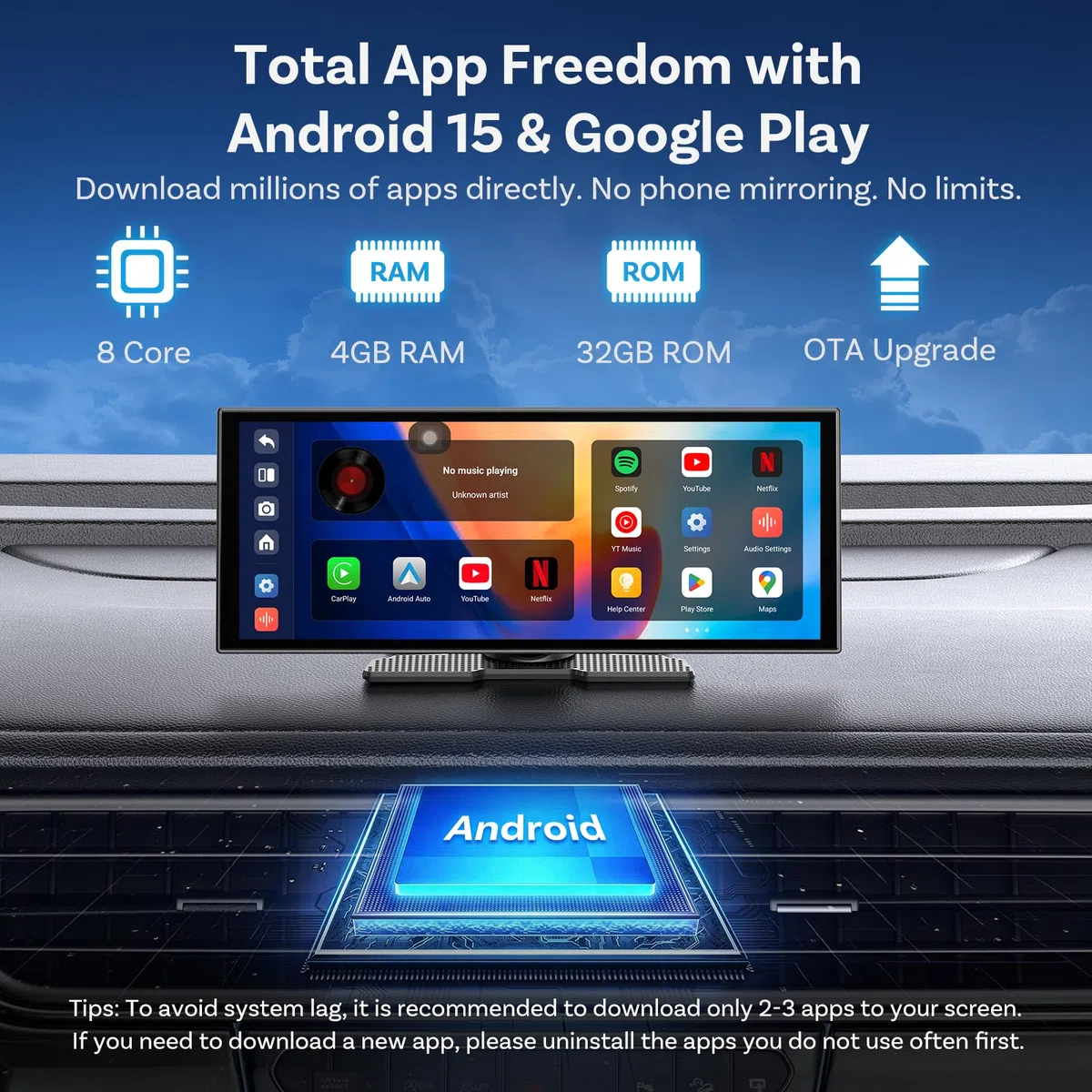 OTTOCAST Ottoscreen AI, Écran CarPlay Voiture sans Fil 11,4 Pouces Autoradio Android Auto Stéréo Car Play avec Caméra Arrière 1080P, 1920 x 720 Pixels, Android 15 OS