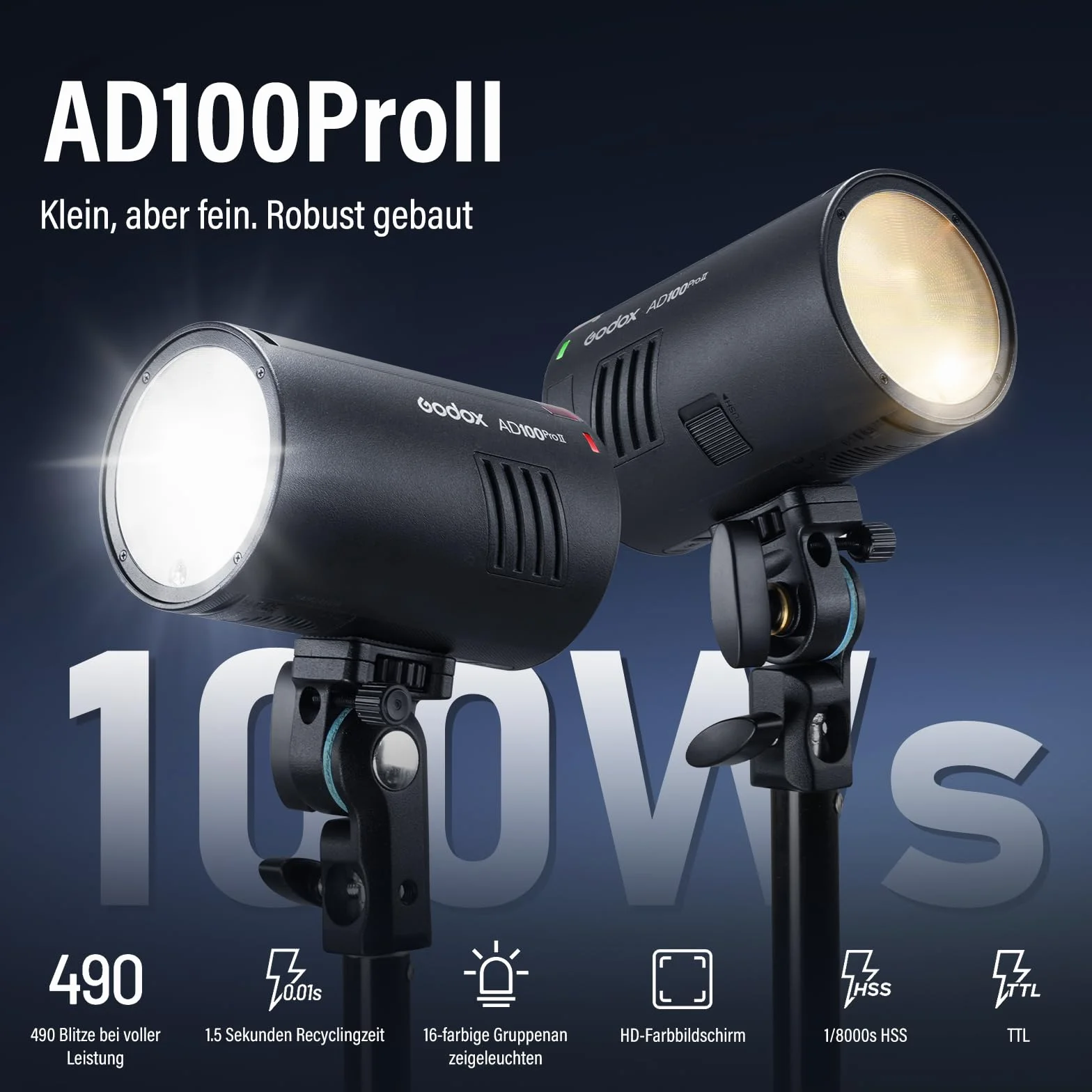 GODOX AD100ProII Flash Kit AD100Pro Upgrade Lumière Strobe Photographie,100Ws 2.4G San Fil HSS 1/8000s Flash Extérieur,USB-C Recharge,Batterie 2850mAh 490 Flashs Pleine Puissance Lampe de Modelage LED