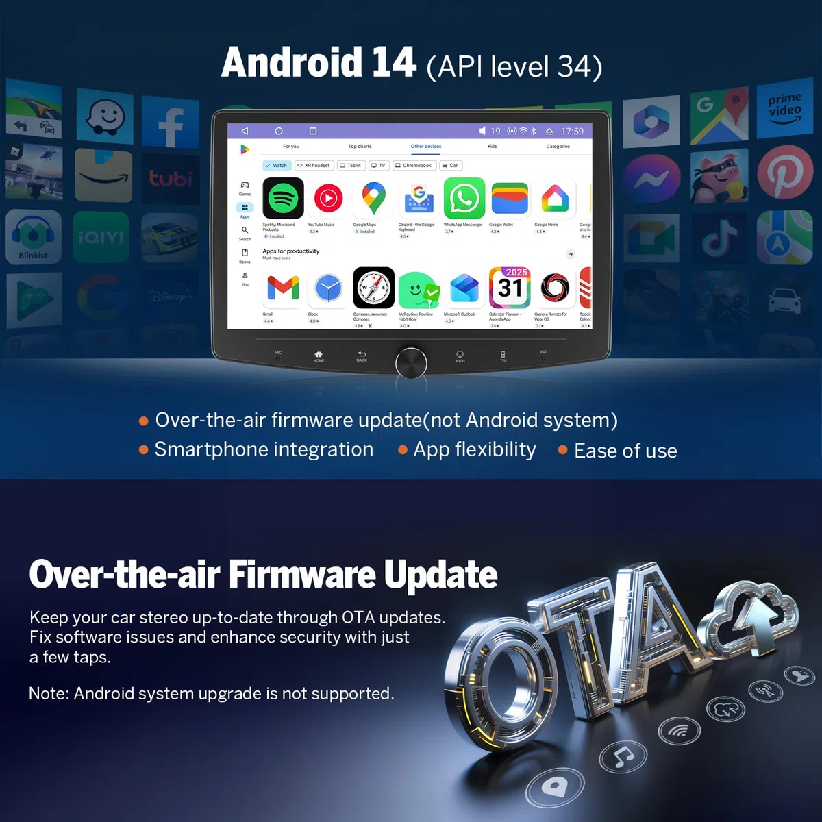 Eonon 10,1" Android 14 Radio Stéréo Double Din GPS 4G LTE CarPlay Android Auto MirrorLink Bluetooth DSP USB SWC Support Caméra de Recul Autoradio UX7SK-PLUS