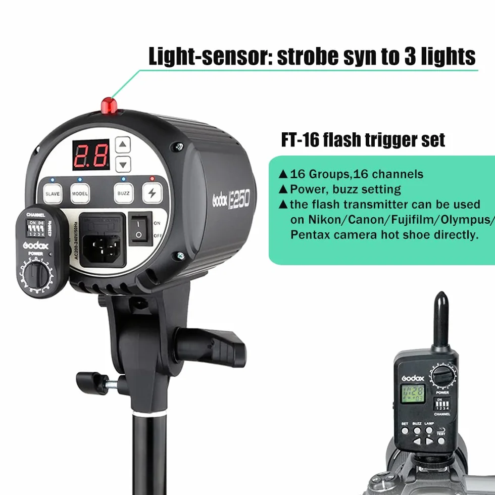 Godox Kit de Flash stroboscopique de Studio Professionnel pour la Photographie, 3 Pack 250W stroboscopique avec déclencheur stroboscopique, Boîte à lumière, Supports de lumière, Bras de Suspension